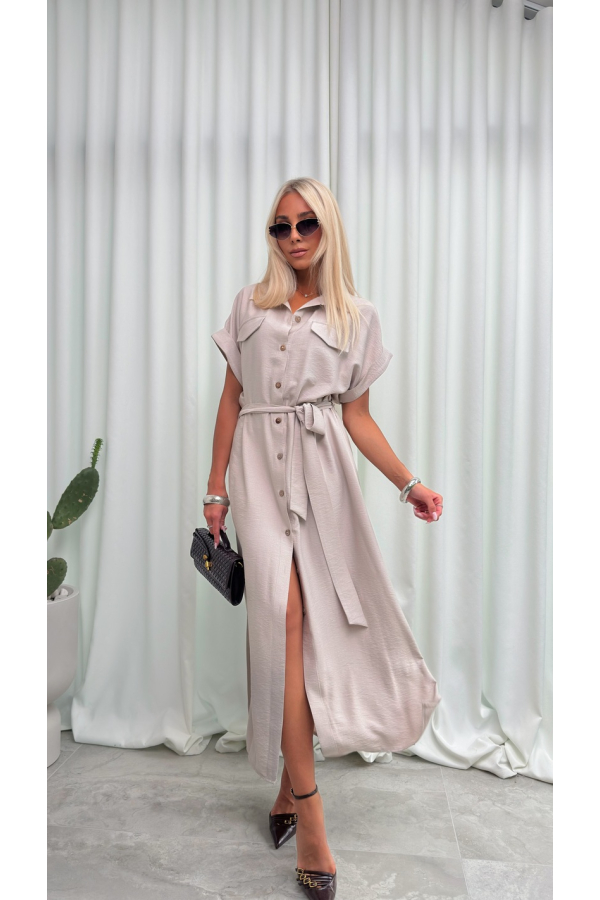 Sukienka Koszulowa Maxi Premium Wiązana w Pasie Elegancka Oversize Guziki Kieszenie - beż